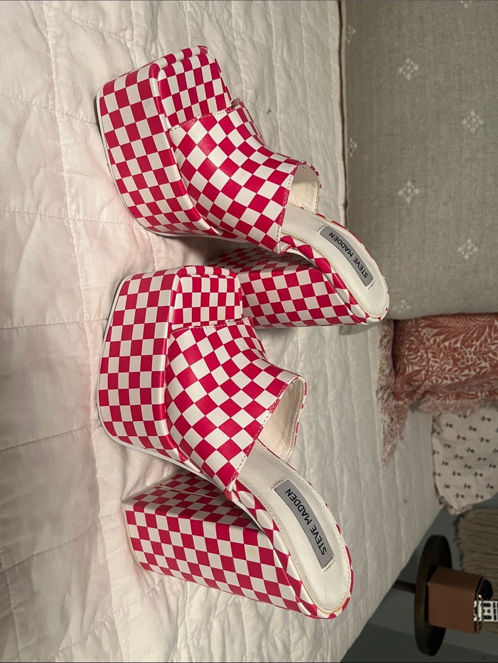 Steve Madden Pink and White Checkered Platform Mules